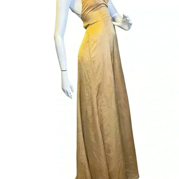 Show Me Your Mumu Godshaw Goddess Tie Back Gown True Gold Luxe Satin’s Dress. - Picture 8 of 12